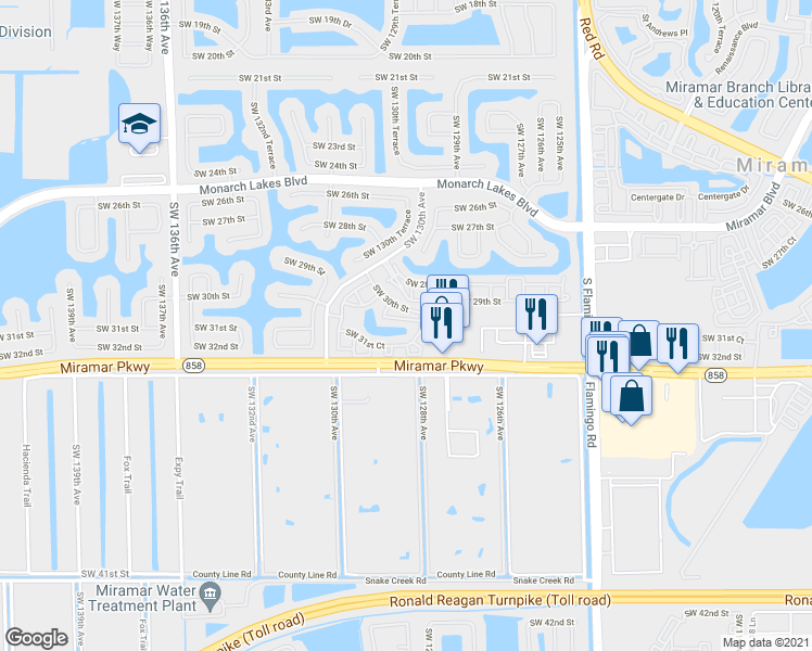 map of restaurants, bars, coffee shops, grocery stores, and more near 12847 Southwest 31st Court in Miramar