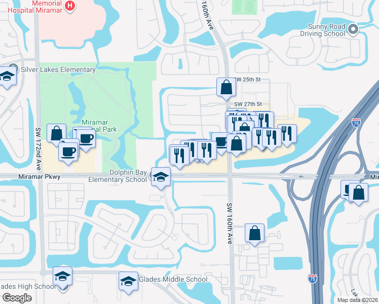 map of restaurants, bars, coffee shops, grocery stores, and more near 16332 Southwest 31st Street in Miramar