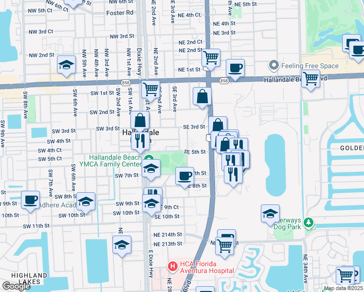 map of restaurants, bars, coffee shops, grocery stores, and more near 409 Gulfstream Street in Hallandale Beach
