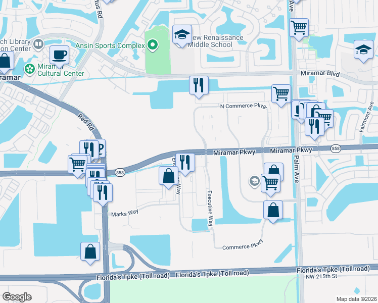 map of restaurants, bars, coffee shops, grocery stores, and more near 10545 Miramar Parkway in Miramar