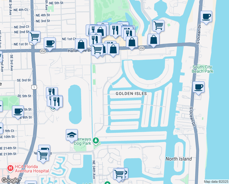 map of restaurants, bars, coffee shops, grocery stores, and more near 491 Tamarind Drive in Hallandale Beach