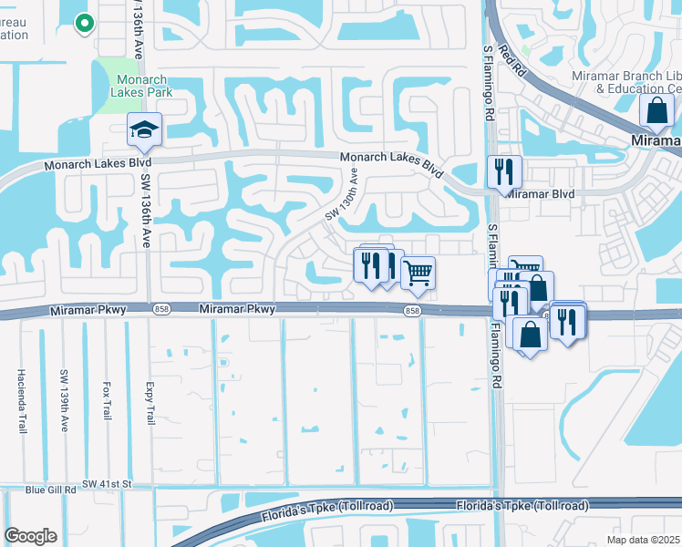 map of restaurants, bars, coffee shops, grocery stores, and more near 12847 Southwest 31st Court in Miramar