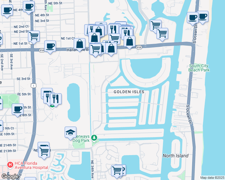 map of restaurants, bars, coffee shops, grocery stores, and more near 491 Tamarind Drive in Hallandale Beach