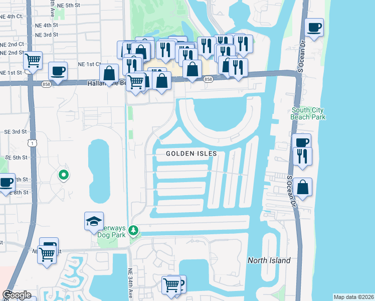 map of restaurants, bars, coffee shops, grocery stores, and more near in Hallandale Beach