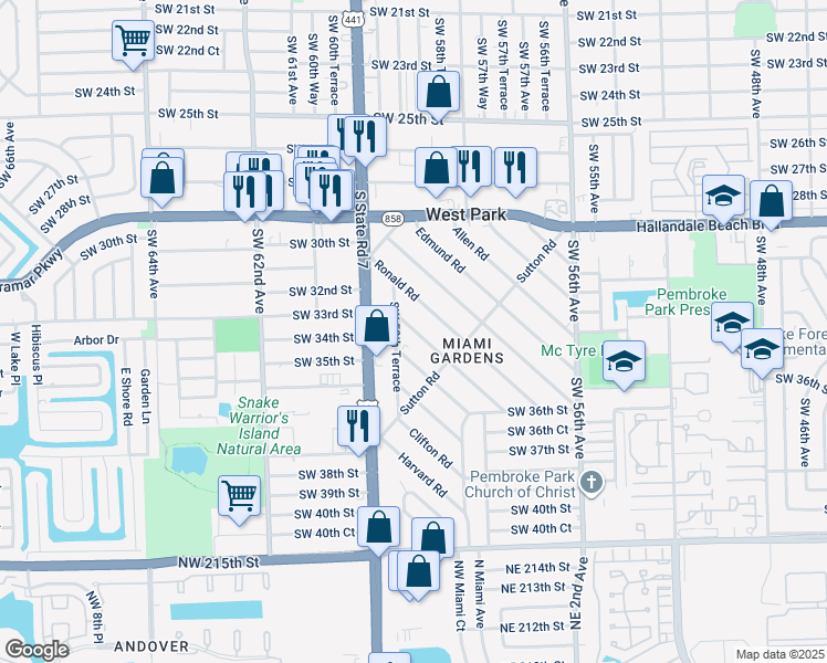 map of restaurants, bars, coffee shops, grocery stores, and more near 3405 Southwest 59th Terrace in West Park