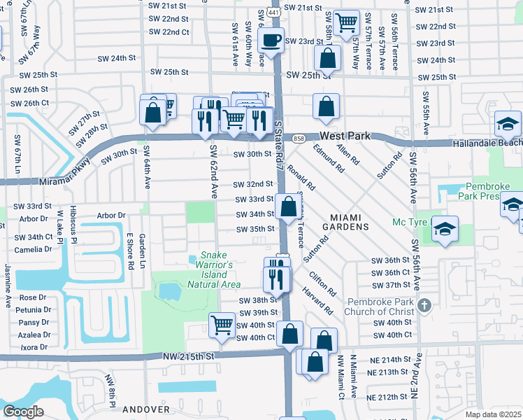map of restaurants, bars, coffee shops, grocery stores, and more near 6020 Southwest 34th Street in Miramar
