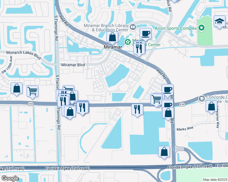 map of restaurants, bars, coffee shops, grocery stores, and more near 3101 Southwest 119 Avenue in Miramar