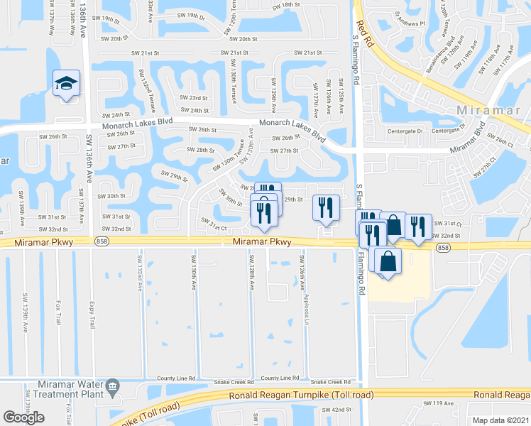map of restaurants, bars, coffee shops, grocery stores, and more near 3121 Southwest 128th Avenue in Miramar