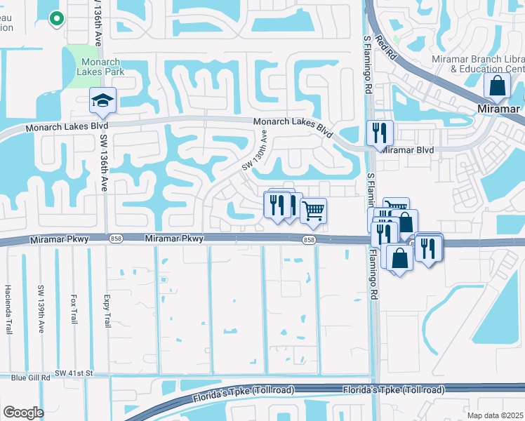 map of restaurants, bars, coffee shops, grocery stores, and more near 3121 Southwest 128th Avenue in Miramar