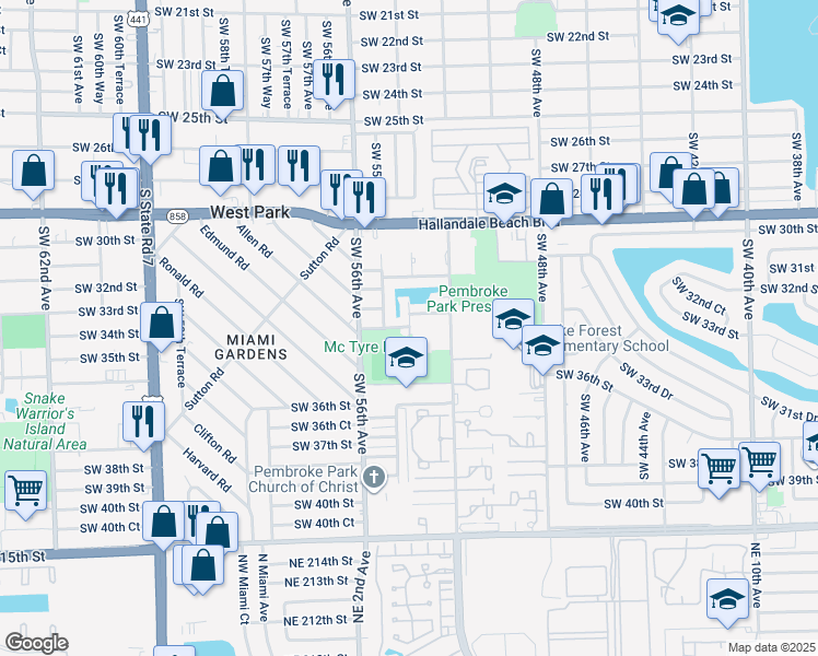map of restaurants, bars, coffee shops, grocery stores, and more near 4814 Southwest 34th Street in Hollywood