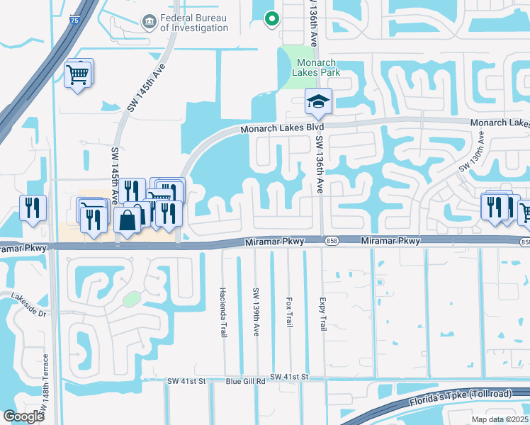 map of restaurants, bars, coffee shops, grocery stores, and more near 13852 Southwest 31st Street in Miramar