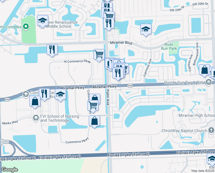map of restaurants, bars, coffee shops, grocery stores, and more near Miramar Parkway & Palm Avenue in Miramar