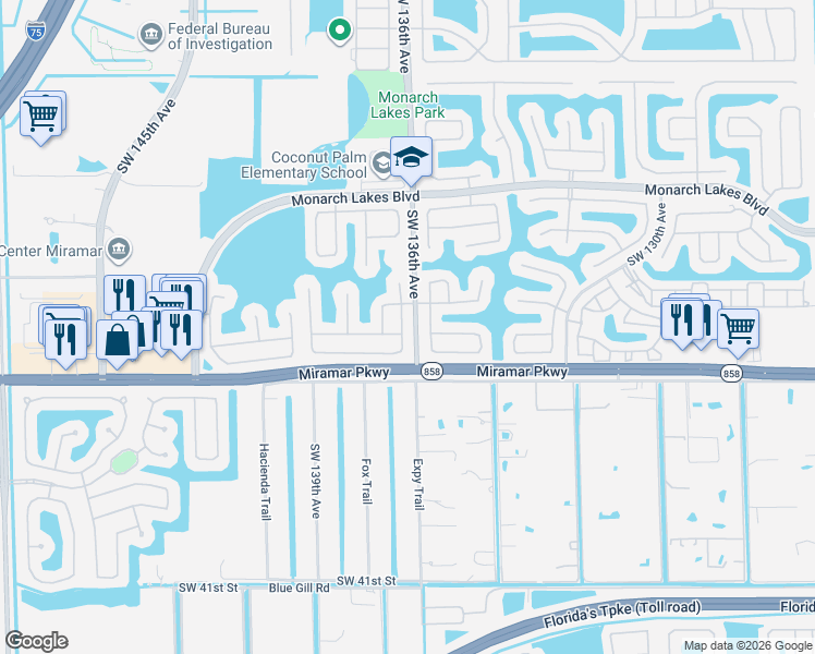 map of restaurants, bars, coffee shops, grocery stores, and more near 3133 Southwest 137th Avenue in Miramar