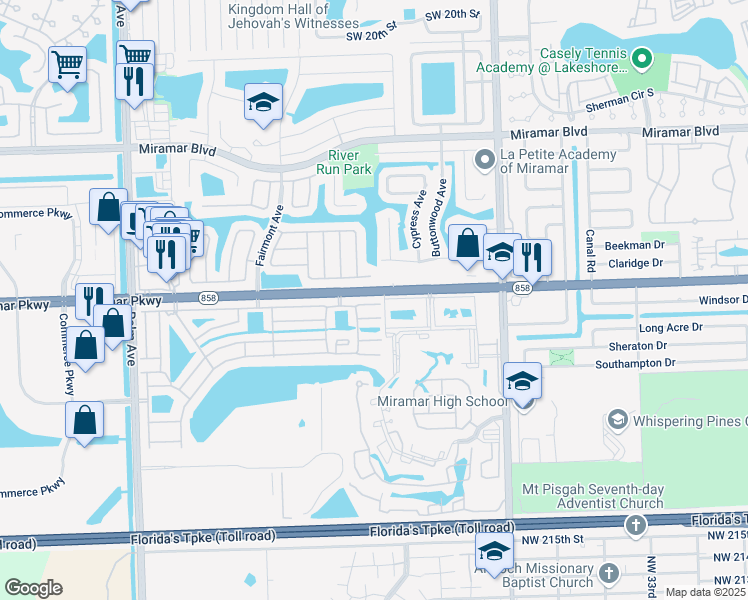 map of restaurants, bars, coffee shops, grocery stores, and more near 9311 East Heather Lane in Miramar