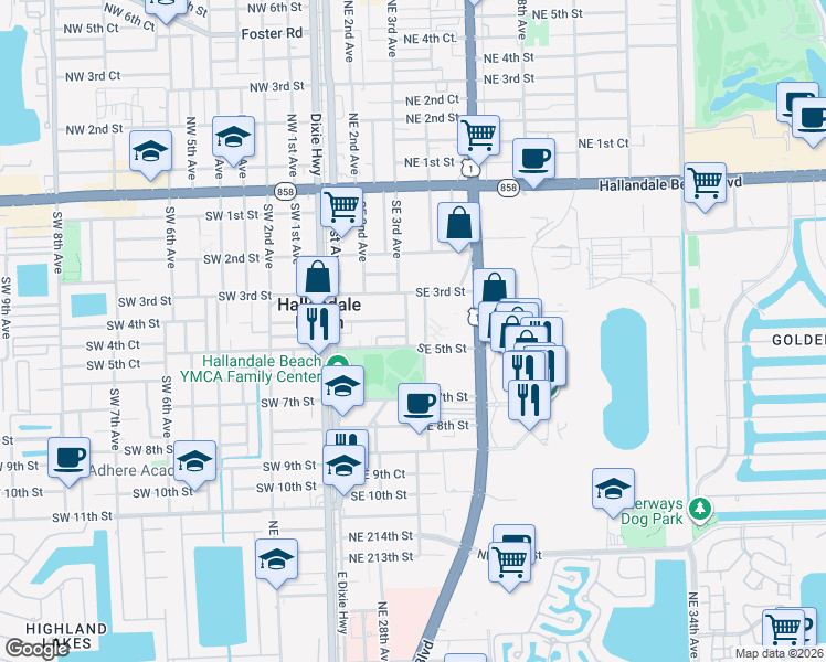 map of restaurants, bars, coffee shops, grocery stores, and more near 409 Gulfstream Street in Hallandale Beach