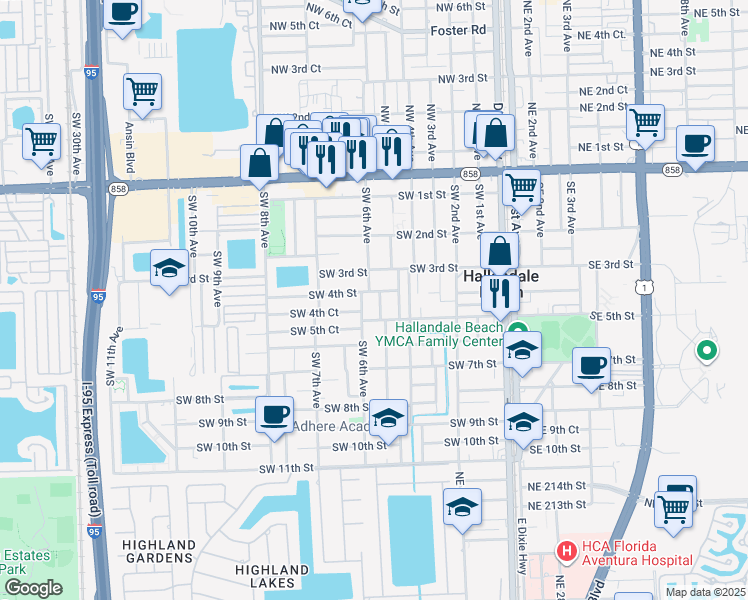 map of restaurants, bars, coffee shops, grocery stores, and more near 520 Southwest 5th Street in Hallandale Beach