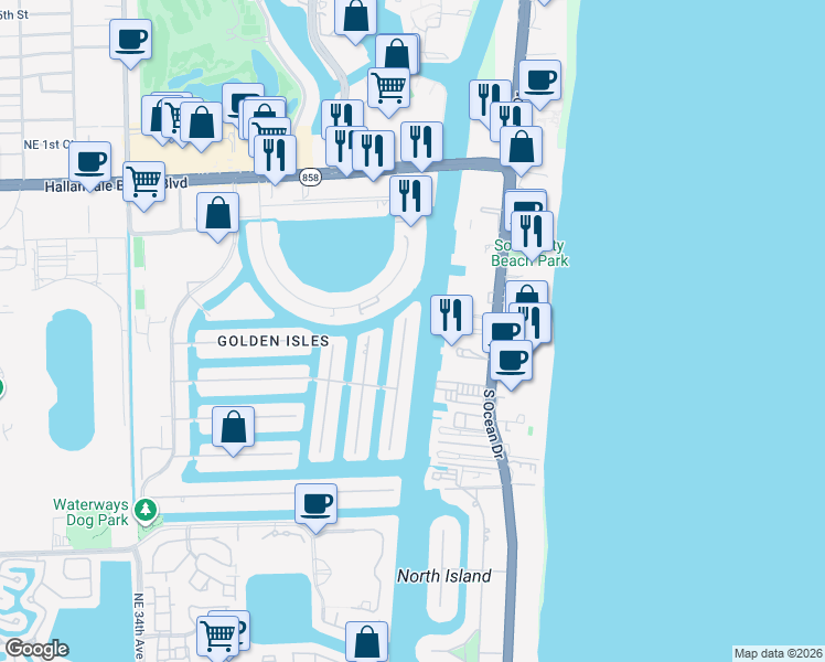 map of restaurants, bars, coffee shops, grocery stores, and more near 1975 South Ocean Drive in Hallandale Beach