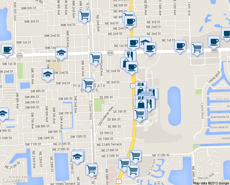 map of restaurants, bars, coffee shops, grocery stores, and more near 409 Gulfstream Street in Hallandale Beach