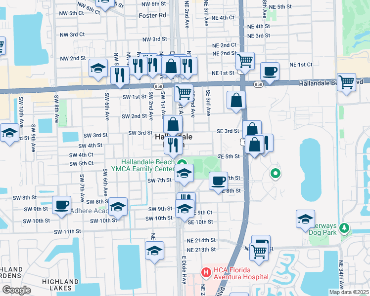map of restaurants, bars, coffee shops, grocery stores, and more near 120 Southwest 5th Street in Hallandale Beach
