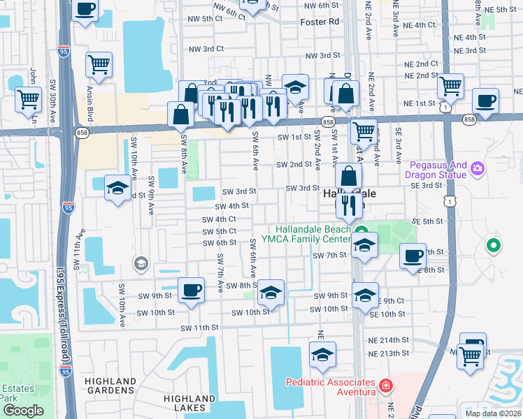map of restaurants, bars, coffee shops, grocery stores, and more near 520 Southwest 5th Street in Hallandale Beach