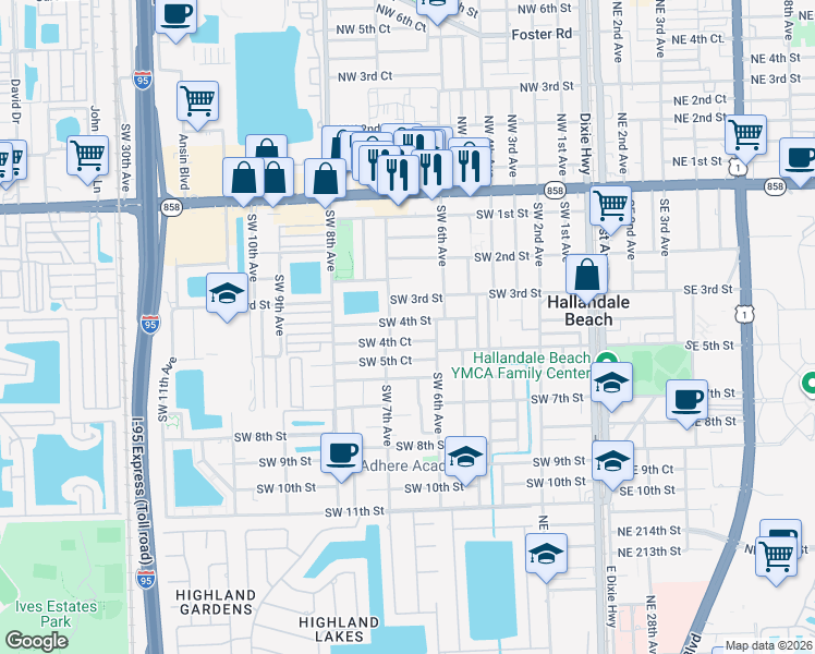 map of restaurants, bars, coffee shops, grocery stores, and more near 629 Southwest 4th Court in Hallandale Beach