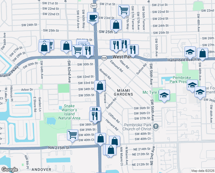 map of restaurants, bars, coffee shops, grocery stores, and more near 3405 Southwest 59th Terrace in West Park