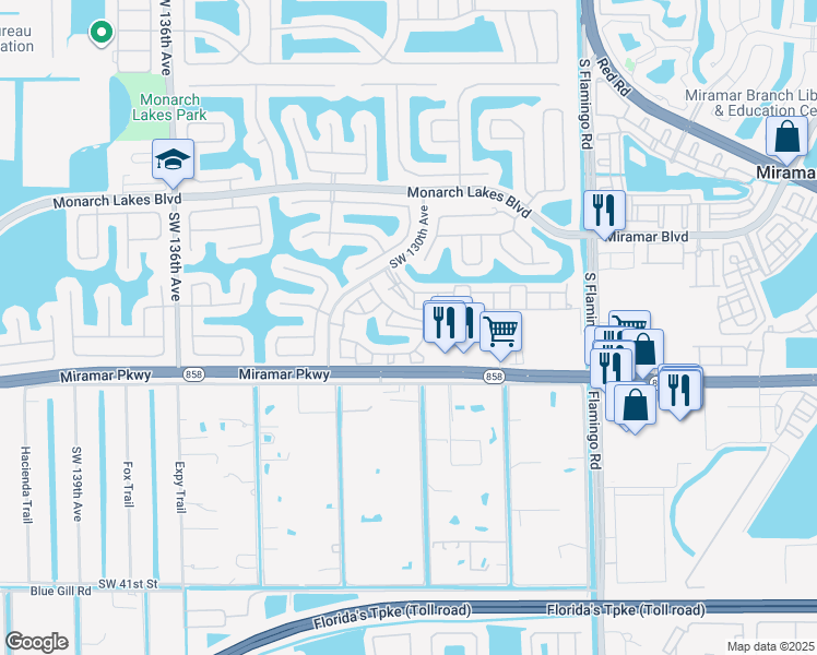 map of restaurants, bars, coffee shops, grocery stores, and more near 12847 Southwest 31st Court in Miramar