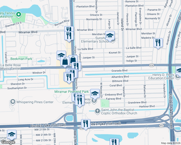 map of restaurants, bars, coffee shops, grocery stores, and more near 7845 Alhambra Boulevard in Miramar