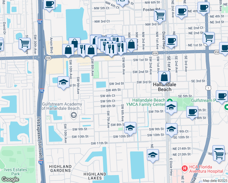 map of restaurants, bars, coffee shops, grocery stores, and more near 629 Southwest 4th Court in Hallandale Beach