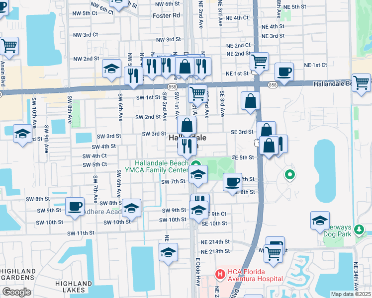 map of restaurants, bars, coffee shops, grocery stores, and more near 120 Southwest 5th Street in Hallandale Beach