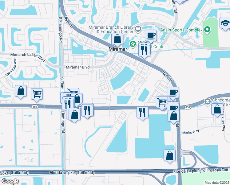 map of restaurants, bars, coffee shops, grocery stores, and more near 3040 Southwest 119 Avenue in Miramar