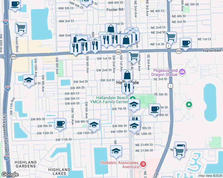map of restaurants, bars, coffee shops, grocery stores, and more near 210 Southwest 5th Street in Hallandale Beach