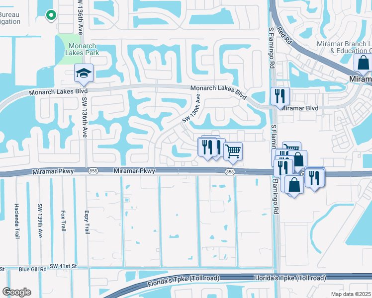 map of restaurants, bars, coffee shops, grocery stores, and more near 12868 Southwest 31st Street in Miramar