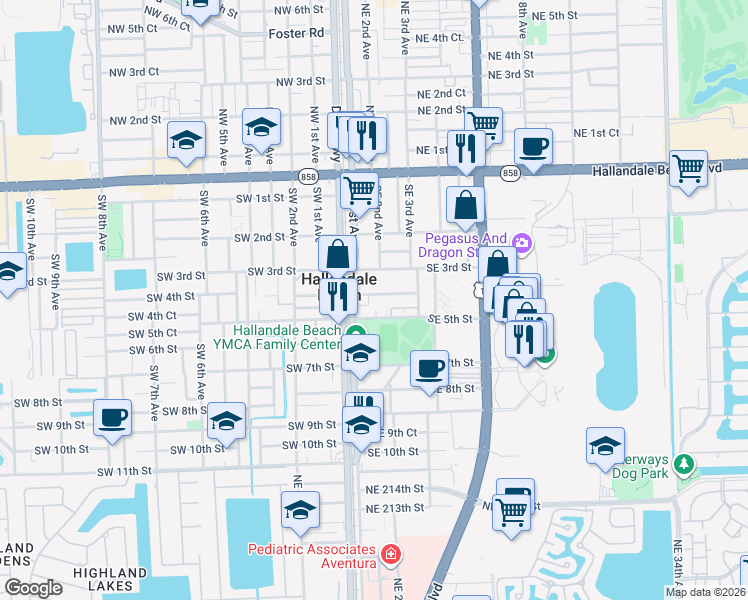 map of restaurants, bars, coffee shops, grocery stores, and more near 202 Southeast 5th Street in Hallandale Beach