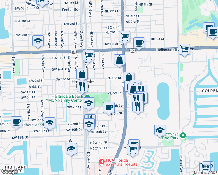 map of restaurants, bars, coffee shops, grocery stores, and more near 409 Gulfstream Street in Hallandale Beach