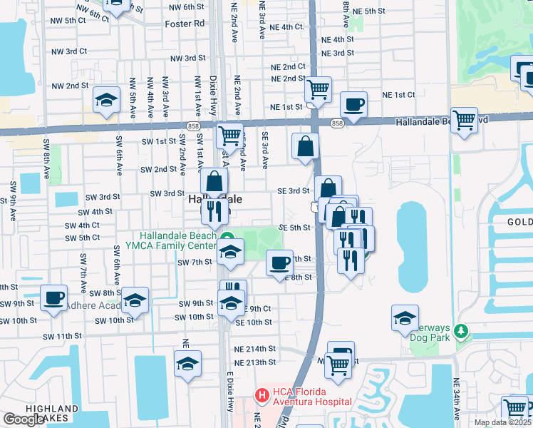 map of restaurants, bars, coffee shops, grocery stores, and more near 409 Gulfstream Street in Hallandale Beach