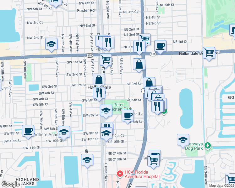 map of restaurants, bars, coffee shops, grocery stores, and more near 202 Southeast 5th Street in Hallandale Beach