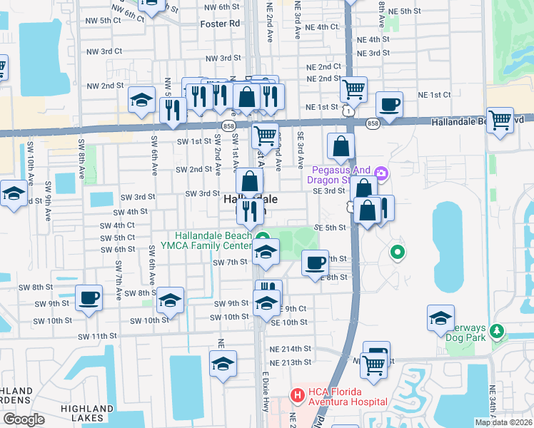 map of restaurants, bars, coffee shops, grocery stores, and more near 120 Southwest 5th Street in Hallandale Beach