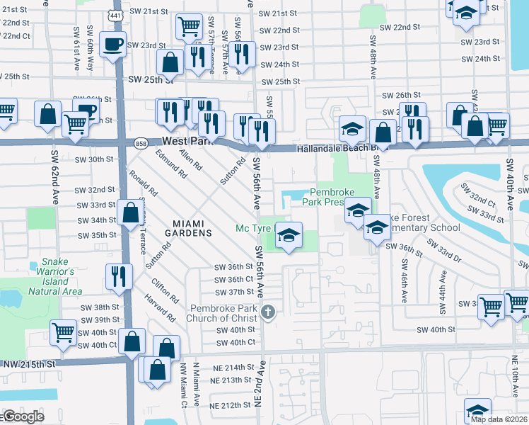 map of restaurants, bars, coffee shops, grocery stores, and more near 3501 Southwest 56th Avenue in West Park