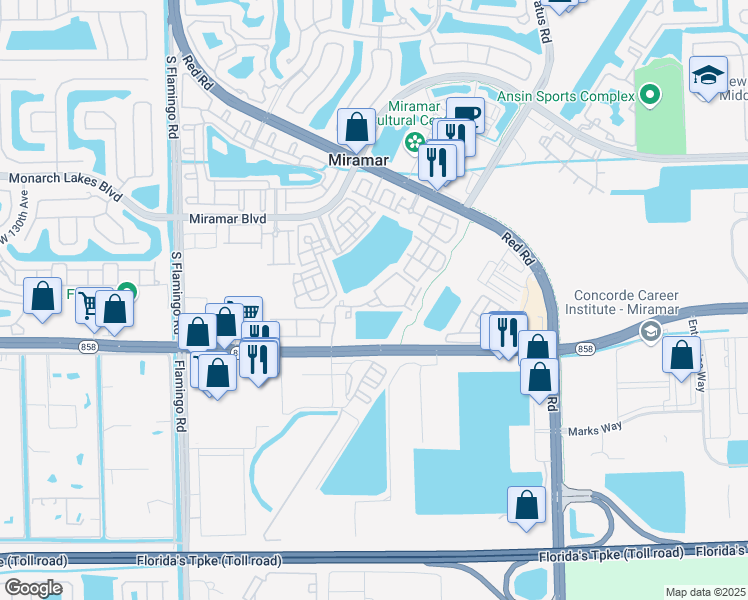 map of restaurants, bars, coffee shops, grocery stores, and more near 10500 Marks Way in Miramar
