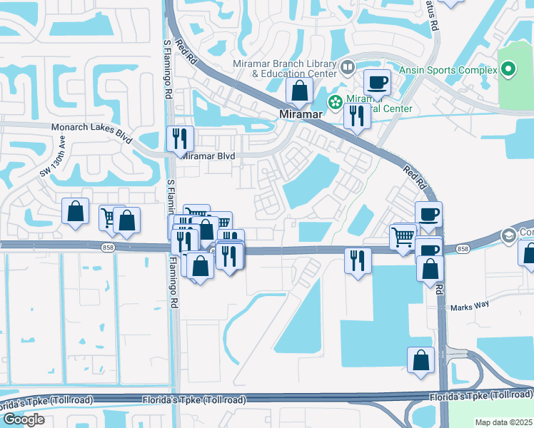 map of restaurants, bars, coffee shops, grocery stores, and more near 12063 Southwest 31st Court in Miramar