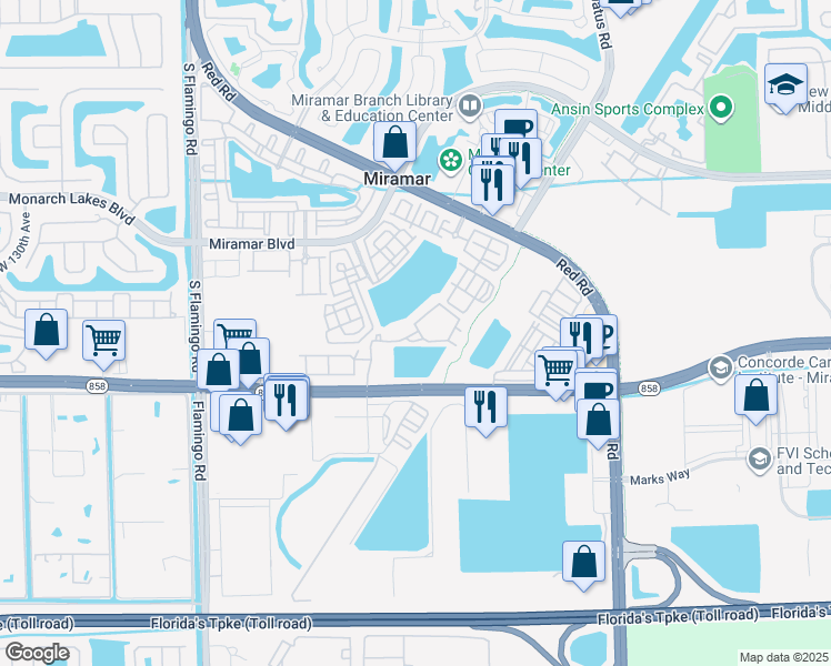 map of restaurants, bars, coffee shops, grocery stores, and more near 3040 Southwest 119 Avenue in Miramar