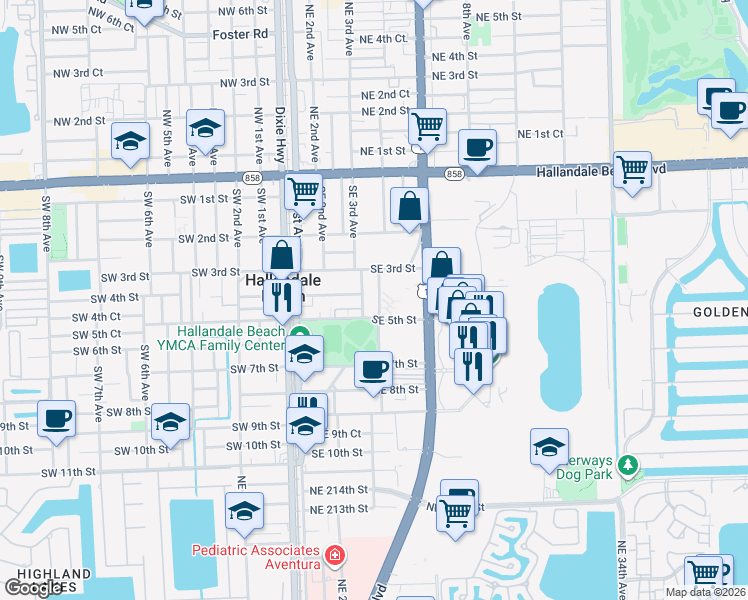 map of restaurants, bars, coffee shops, grocery stores, and more near 409 Gulfstream Street in Hallandale Beach