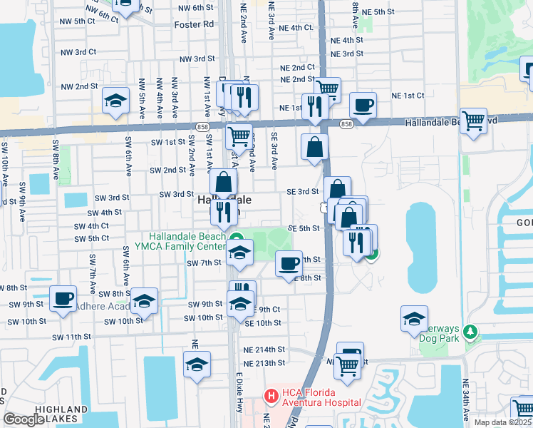 map of restaurants, bars, coffee shops, grocery stores, and more near 202 Southeast 5th Street in Hallandale Beach