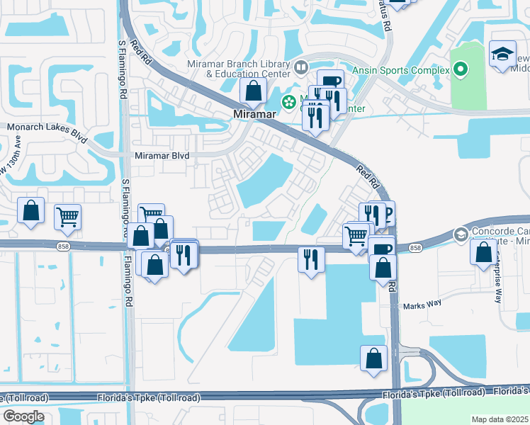 map of restaurants, bars, coffee shops, grocery stores, and more near 10500 Marks Way in Miramar