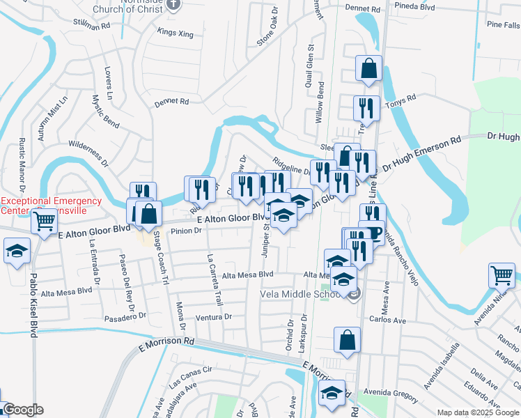 map of restaurants, bars, coffee shops, grocery stores, and more near 1433 East Alton Gloor Boulevard in Brownsville