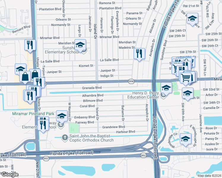 map of restaurants, bars, coffee shops, grocery stores, and more near 7630 Granada Boulevard in Miramar