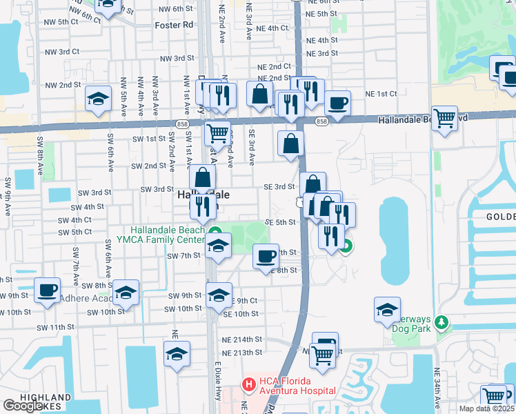 map of restaurants, bars, coffee shops, grocery stores, and more near 309 Southeast 3rd Avenue in Hallandale Beach