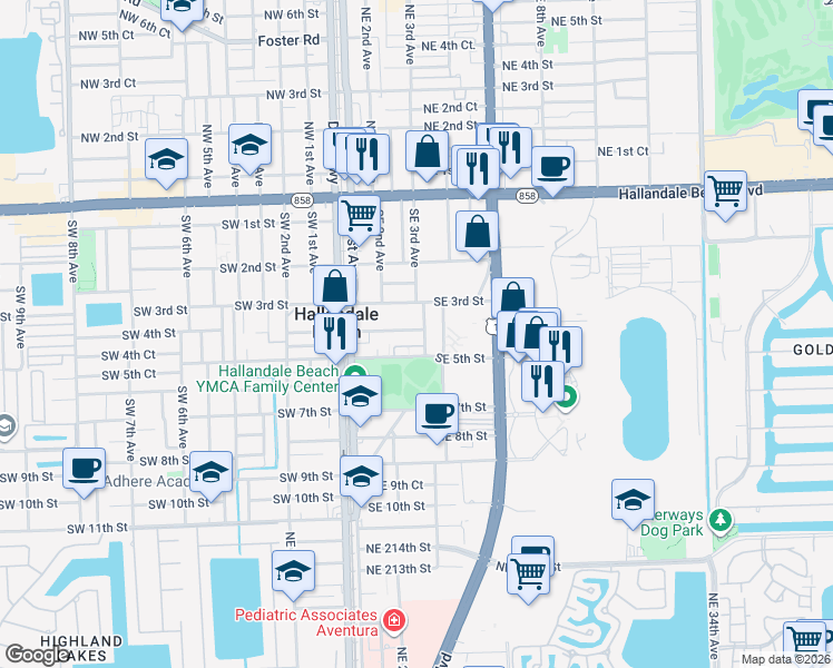 map of restaurants, bars, coffee shops, grocery stores, and more near 309 Southeast 3rd Avenue in Hallandale Beach