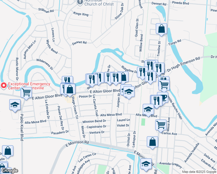 map of restaurants, bars, coffee shops, grocery stores, and more near 1381 Northridge Drive in Brownsville